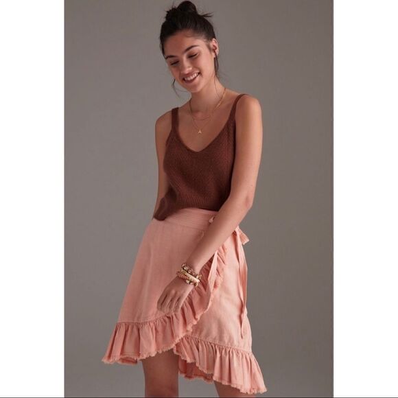 NEW Anthropologie Pilcro Nettie Ruffled Hem Pink Wrapped Mini Skirt Small - Picture 2 of 4